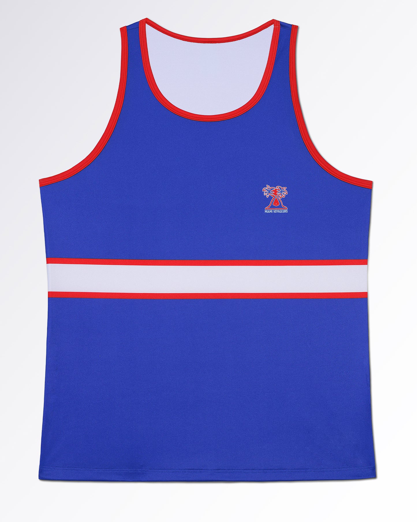 The Shane Tank Top in royal blue featuring bold white and red chest stripe detailing, contrast red trim, lightweight stretch fabric, and an embroidered chest logo for gym and resort wear.