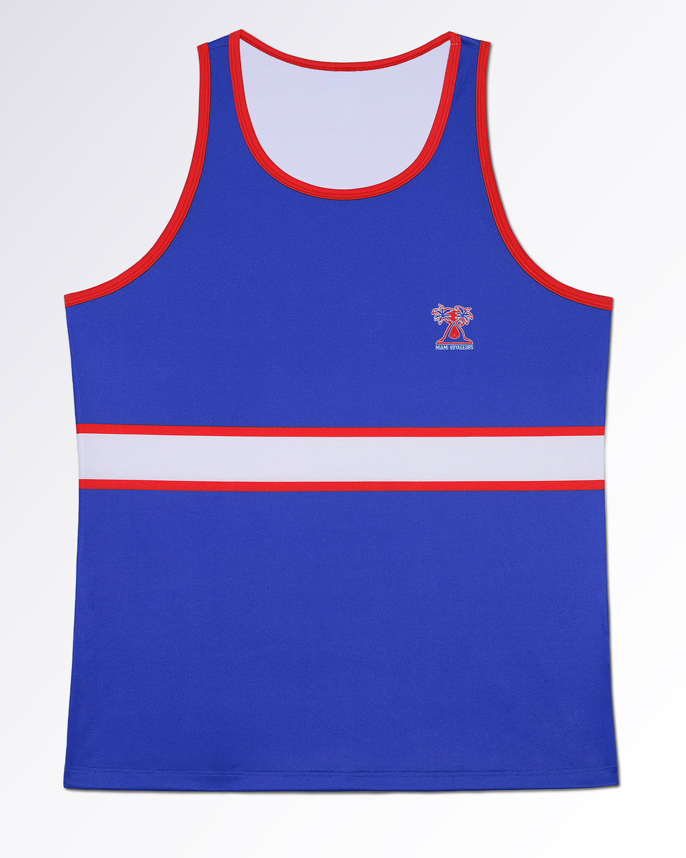 The Shane Tank Top in royal blue featuring bold white and red chest stripe detailing, contrast red trim, lightweight stretch fabric, and an embroidered chest logo for gym and resort wear.