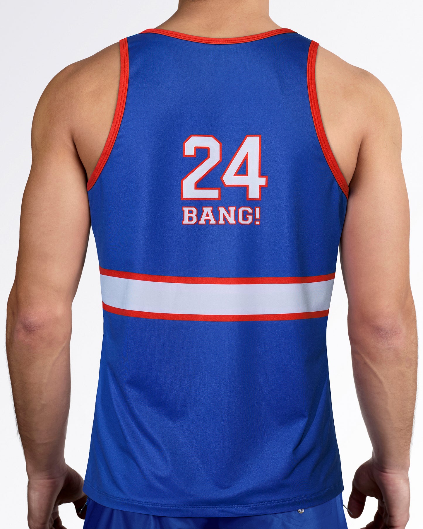 Back view of the Shane Gym Tank Top featuring a bold player number graphic, hockey-inspired stripe detailing, and sporty athletic styling.