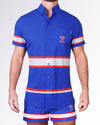 BANG Miami Shane Stretch Shirt from the Heated Rivalry series featuring a royal blue colorway, hockey-inspired stripe detailing, and performance stretch fabric.