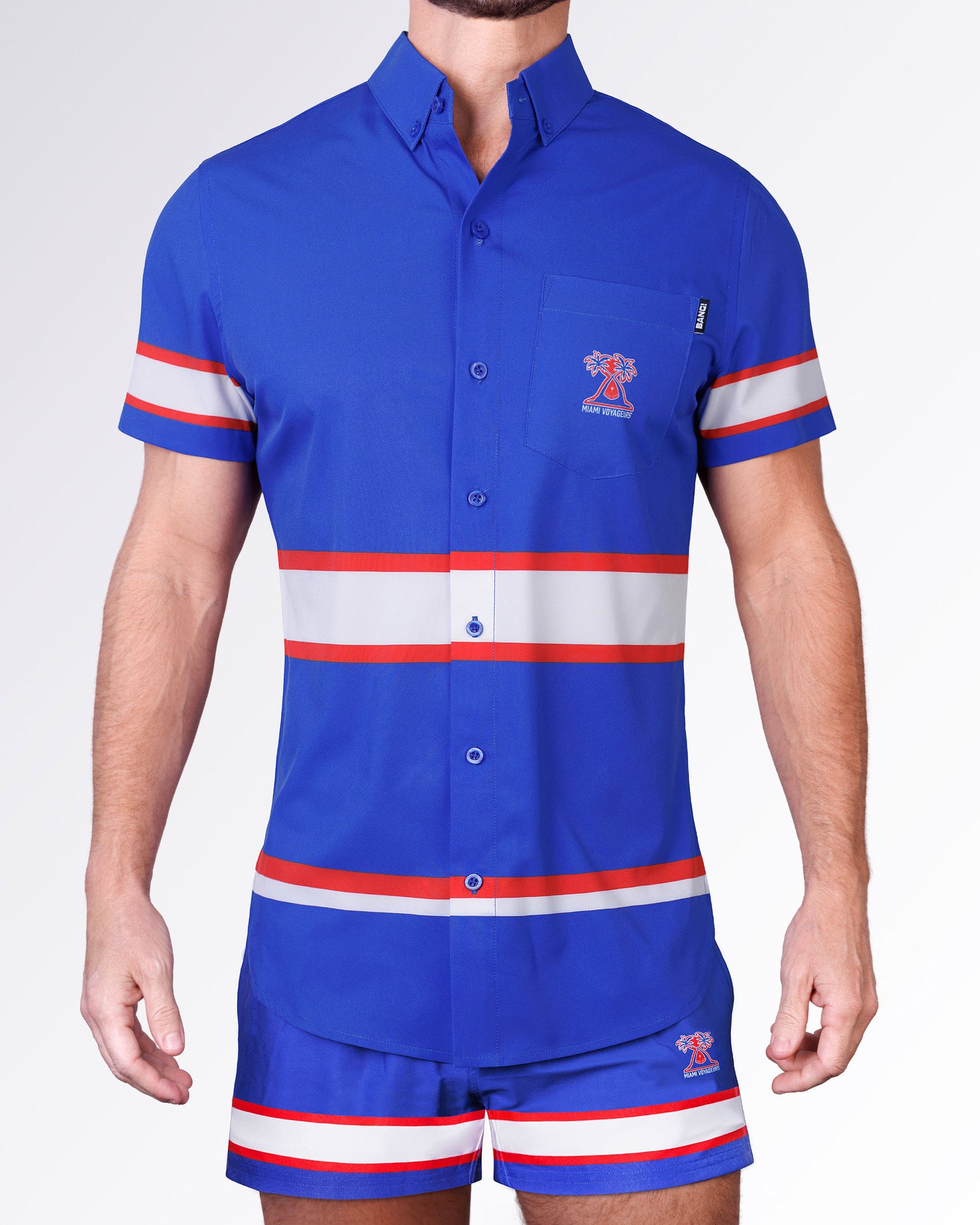 BANG Miami Shane Stretch Shirt from the Heated Rivalry series featuring a royal blue colorway, hockey-inspired stripe detailing, and performance stretch fabric.