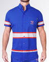 BANG Miami Shane Stretch Shirt from the Heated Rivalry series featuring a royal blue colorway, hockey-inspired stripe detailing, and performance stretch fabric.
