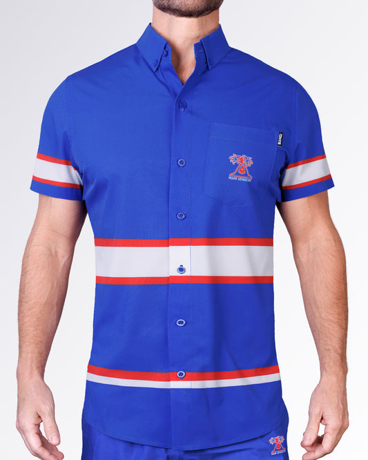 BANG Miami Shane Stretch Shirt from the Heated Rivalry series featuring a royal blue colorway, hockey-inspired stripe detailing, and performance stretch fabric.