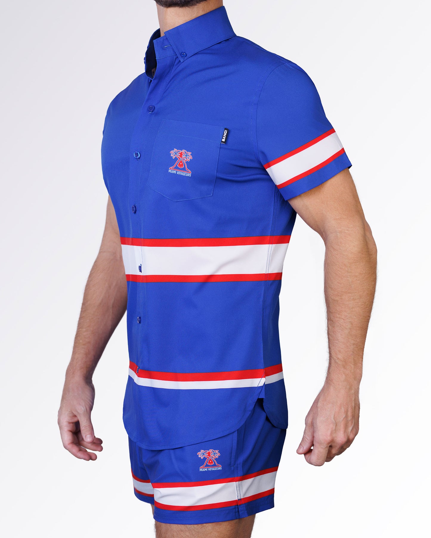 Side view of the Shane Stretch Shirt showcasing athletic stripe accents, tailored short-sleeve construction, and lightweight stretch comfort.