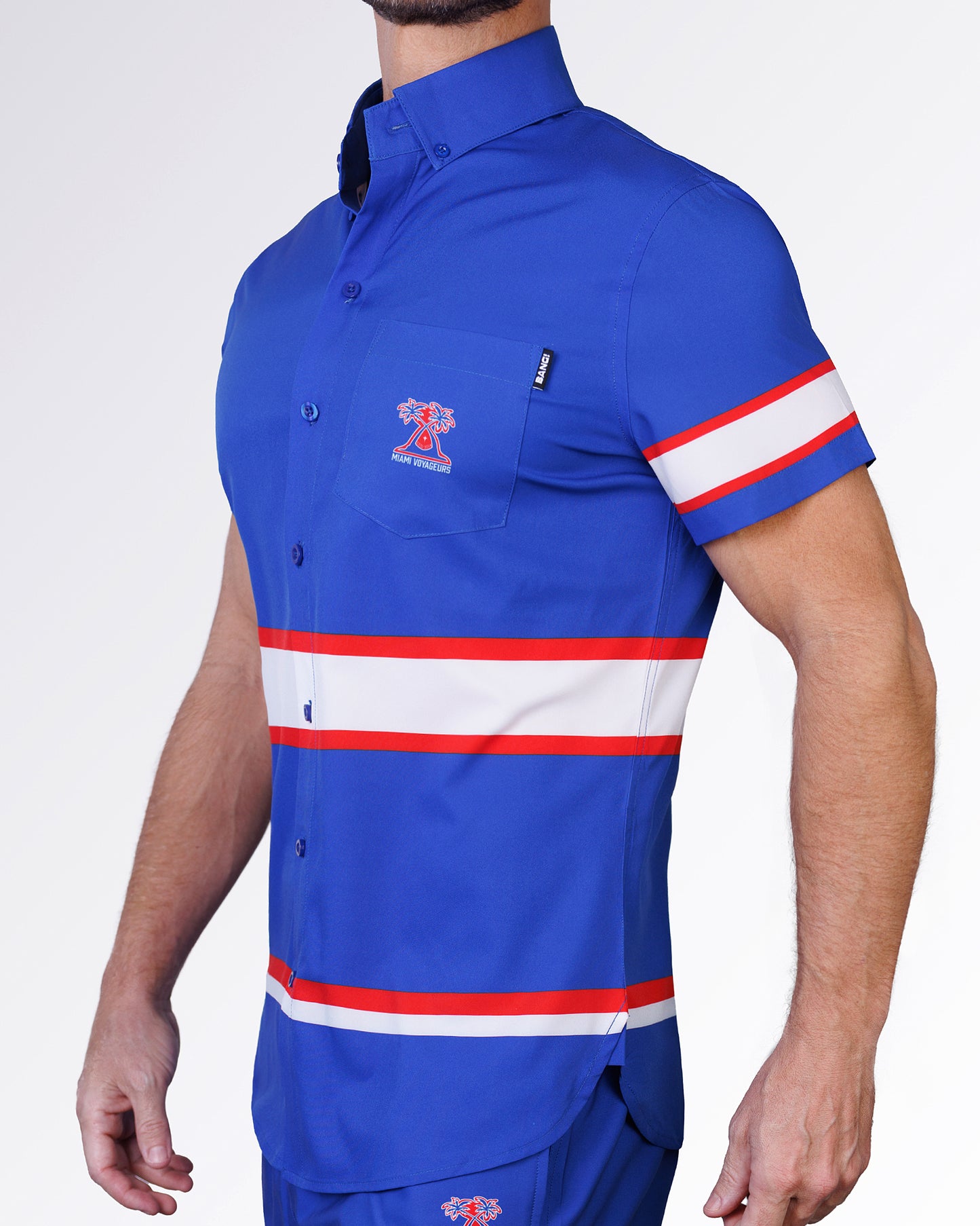 Side view of the Shane Stretch Shirt showcasing athletic stripe accents, tailored short-sleeve construction, and lightweight stretch comfort.