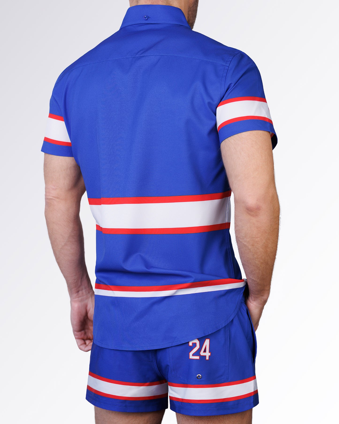 Back view of the Shane Stretch Shirt featuring hockey-inspired stripe detailing, a streamlined silhouette, and sporty heritage styling.