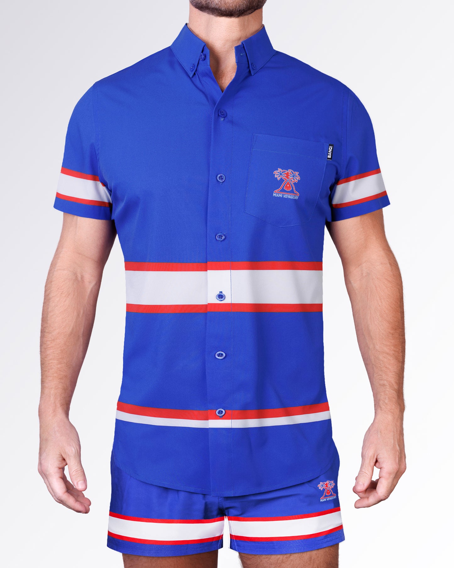BANG Miami Shane Stretch Shirt from the Heated Rivalry series featuring a royal blue colorway, hockey-inspired stripe detailing, and performance stretch fabric.