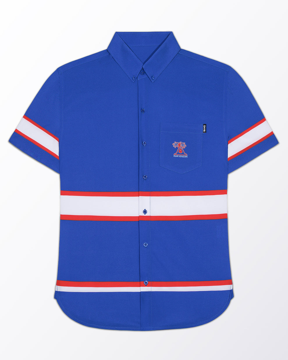 The Shane Stretch Shirt in royal blue featuring bold white and red stripe accents on the sleeves and hem, a button-down collar, embroidered chest pocket, and four-way stretch fabric for polished resort wear.
