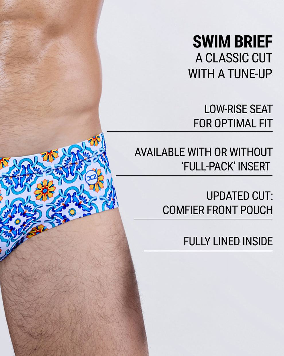Infographic highlighting features of THE TILE IS HIGH swim brief – low-rise seat, optional full-pack insert, updated contoured front pouch, and full lining for comfort.