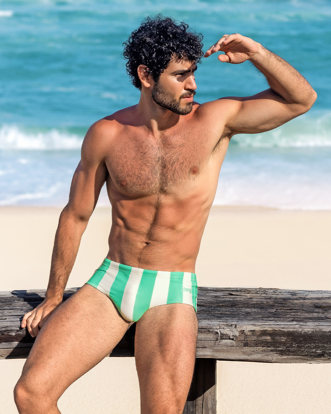 DC2 The Ken (Tulum Edition) Swim Brief — model wearing mint and cream vertical striped swim brief, seated on a beach railing and gazing toward the ocean horizon.