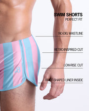 Infographics explaining how perfect the BANG! Clothes Swim Shorts in THE KEN (IBIZA EDITION). They have a no-dig waistline, retro-inspired cut, low-rise cut, and have a brief-shaped liner inside.