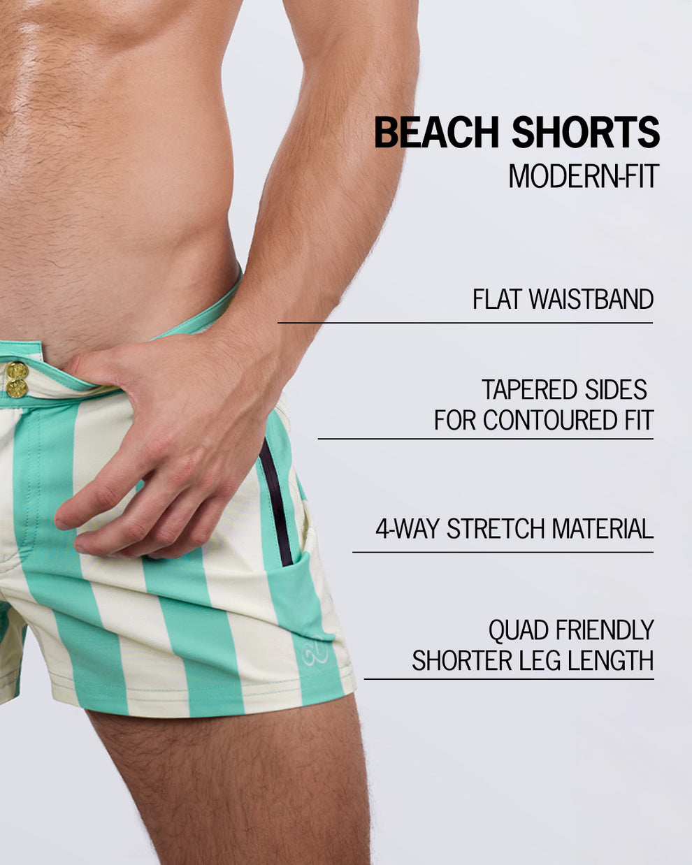 Detailed close-up of the THE KEN (TULUM EDITION) Beach Shorts by BANG! Miami, highlighting key features: flat waistband for a sleek silhouette, contoured side seams for a tailored fit, four-way stretch material for comfort and movement, and a quad-friendly shorter leg length for a modern, stylish look.