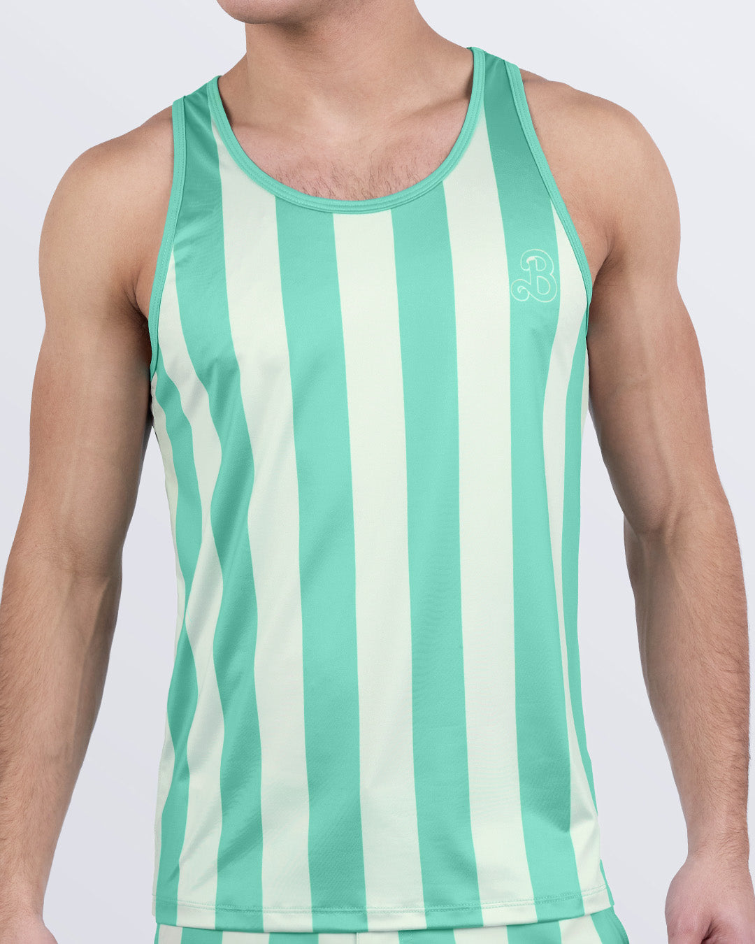 Men's mint green and cream striped tank top – THE KEN (TULUM EDITION) by BANG!® – tropical-inspired activewear with lightweight, quick-dry fabric