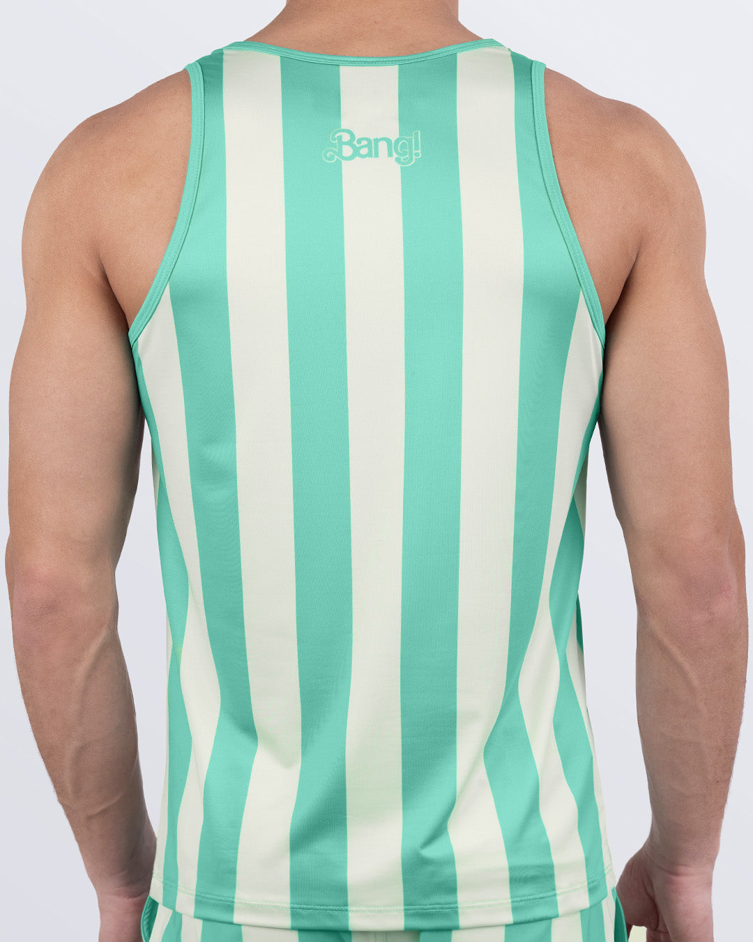 Back view of THE KEN (TULUM EDITION) tank top – mint green and cream vertical stripes with BANG!® logo – stylish summer gym top for men