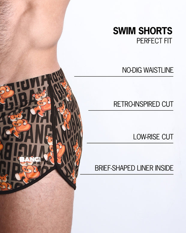 Infographics explaining how perfect the BANG! Clothes Swim Shorts in TIGER HEARTS are. They&
