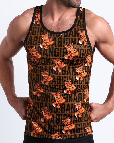 Front view of model wearing the TIGER HEARTS men’s beach cotton tank top featuring Brown with Orange Tigers pop art by the Bang! Clothes brand of men's beachwear from Miami.