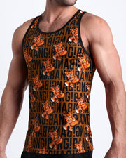 Side view of men’s casual soft cotton tank top in TIGER HEARTS featuring a black and brown Tiger Pop Art Monogram print made by Miami based Bang brand of men's beachwear.