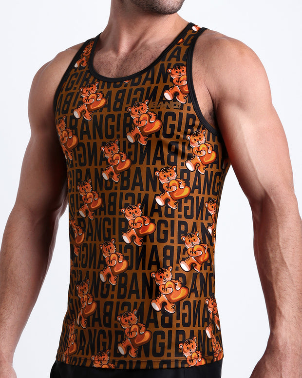 Side view of men’s casual soft cotton tank top in TIGER HEARTS featuring a black and brown Tiger Pop Art Monogram print made by Miami based Bang brand of men&