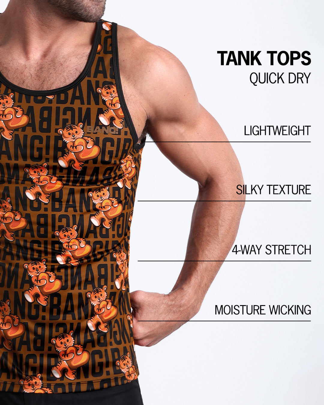 An infographic explaining the features of the lightweight, silky texture, 4-way stretch, and moisture-wicking material of the BANG! fitness tank top.