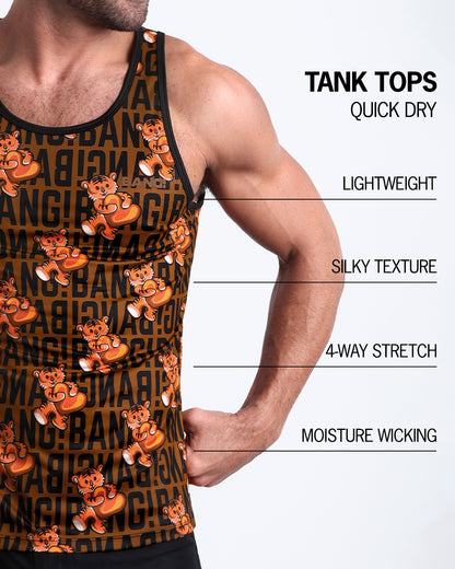 An infographic explaining the features of the lightweight, silky texture, 4-way stretch, and moisture-wicking material of the BANG! fitness tank top.