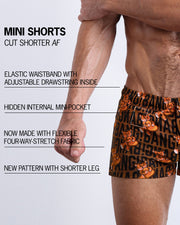 Infographic explaining the TIGER HEARTS Mini Shorts features and how they're cut shorter. They have an elastic waistband with an adjustable drawstring inside, they have a hidden internal mini-pocket, now made with flexible four-way stretch fabric and a new pattern with shorter legs.