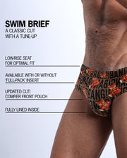 Infographic explaining the classic cut with a tune-up TIGER HEARTS Swim Brief by BANG! Clothes. These men swimsuit is low-rise seat for optimal fit, available with or without 'Full-Pack' insert, comfier front pouch, and fully lined inside.