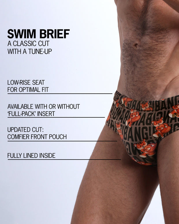 Infographic explaining the classic cut with a tune-up TIGER HEARTS Swim Brief by BANG! Clothes. These men swimsuit is low-rise seat for optimal fit, available with or without &