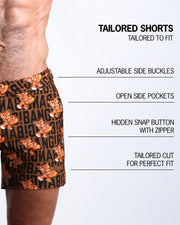 Infographic explaining the TIGER HEARTS Tailored Shorts features and how they're tailored to fit every body form. They have a hidden snap button with zipper, reinforced side pockets, and welded back pockets with zipper premium quality beach shorts for men.