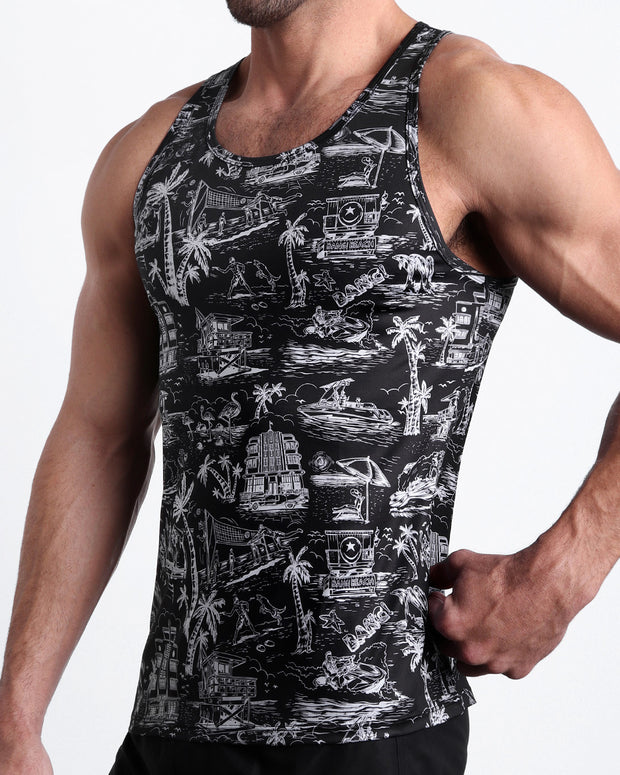 Side view of men’s ultra-soft cotton tank top in TOILE DE MIAMI (BLACK) featuring a colorful Miami inspired artwork made by Miami based Bang brand of men&