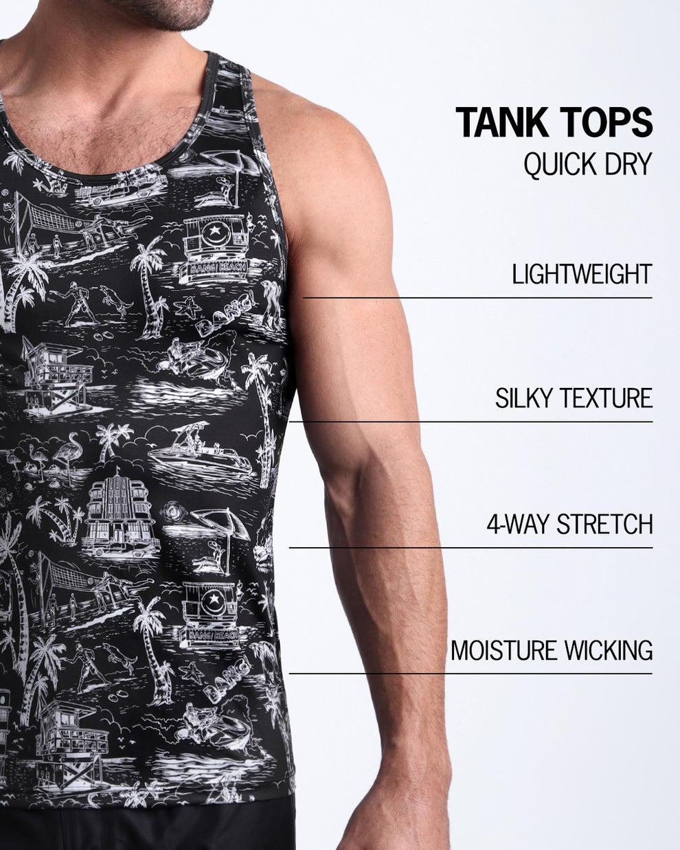 An infographic explaining the features of the lightweight, silky texture, 4-way stretch, and moisture-wicking material of the BANG! fitness tank top.