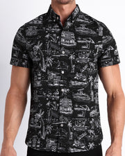 Front view of the TOILE DE MIAMI (BLACK) men’s short-sleeve hawaiian stretch shirt in black with white Toile De Jouy art by the Bang! brand of men's beachwear from Miami.