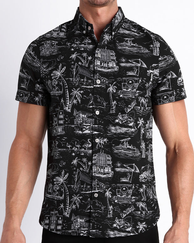 Front view of the TOILE DE MIAMI (BLACK) men’s short-sleeve hawaiian stretch shirt in black with white Toile De Jouy art by the Bang! brand of men&
