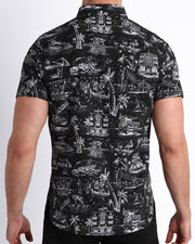 Back side of the TOILE DE MIAMI (BLACK) stretch shirt for men featuring a colorful Miami inspired artwork by BANG! Miami.