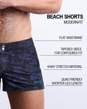 Infographic explaining the many features of these modern fit TOILE DE MIAMI (BLACK/BLUE) Beach Shorts by BANG! Clothes. These swimming shorts have a flat waistband, tapered sides for a contoured fit, 4-way stretch material, and quad-friendly leg length. 