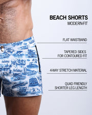 Infographic explaining the many features of these modern fit  TOILE DE MIAMI (BLUE) Beach Shorts by BANG! Clothes. These swimming shorts have a flat waistband, tapered sides for a contoured fit, 4-way stretch material, and quad-friendly leg length. 
