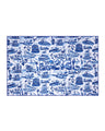 The TOILE DE MIAMI (BLUE) unisex lightweight towel in white with sky blue Toile De Jouy art.