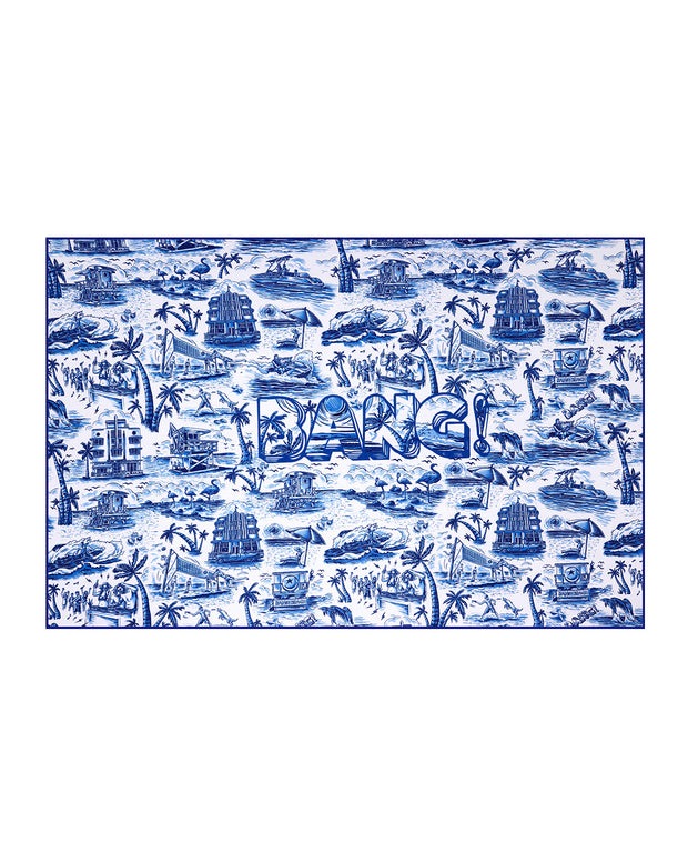 The TOILE DE MIAMI (BLUE) unisex lightweight towel in white with sky blue Toile De Jouy art.