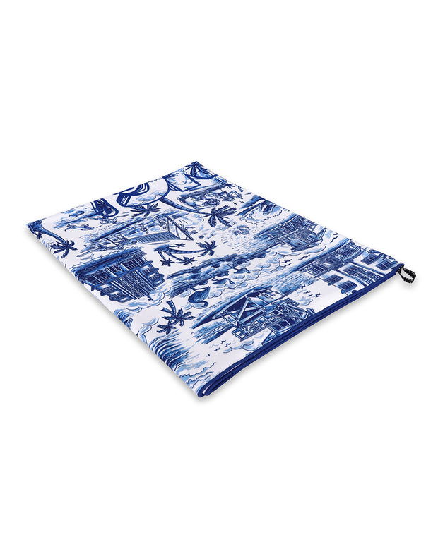 The TOILE DE MIAMI (BLUE) quick-dry microfiber towel featuring a colorful Miami inspired artwork in a bright blue made by the Bang! brand of men&
