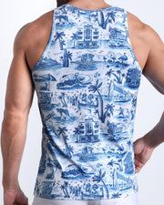Back view of male model wearing the TOILE DE MIAMI (BLUE) summer Cotton tank top for men by BANG! Miami featuring in white with blue art.