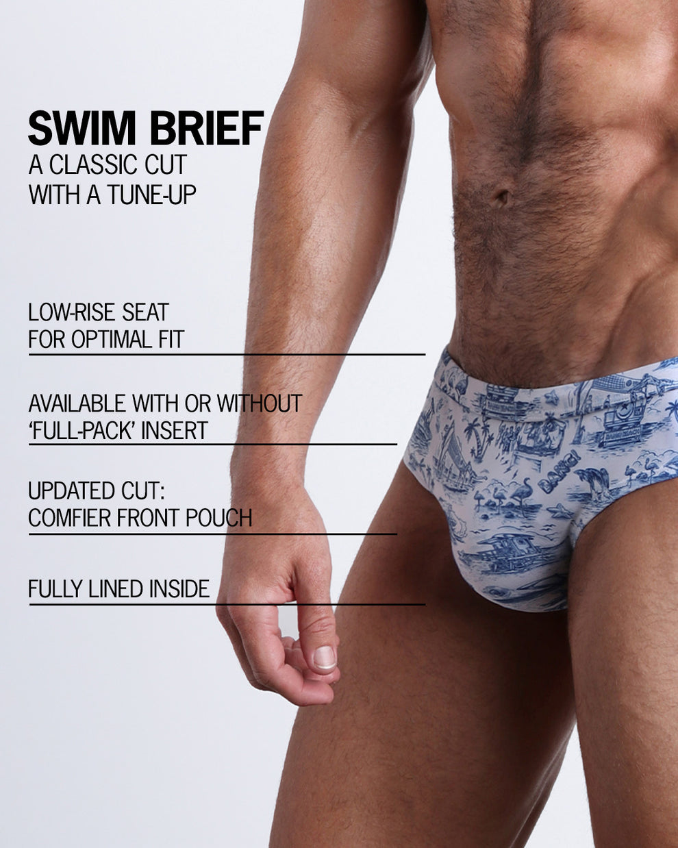 Infographic explaining the classic cut with a tune-up TOILE DE MIAMI (BLUE) Swim Brief by BANG! Clothes. These men swimsuit is low-rise seat for optimal fit, available with or without 'Full-Pack' insert, comfier front pouch, and fully lined inside.