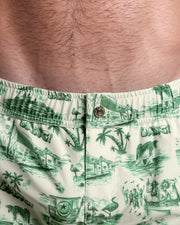Close-up view of the TOILE DE MIAMI (GREEN) men’s Mini shorts, showing custom branded metal button in gold by Bang!