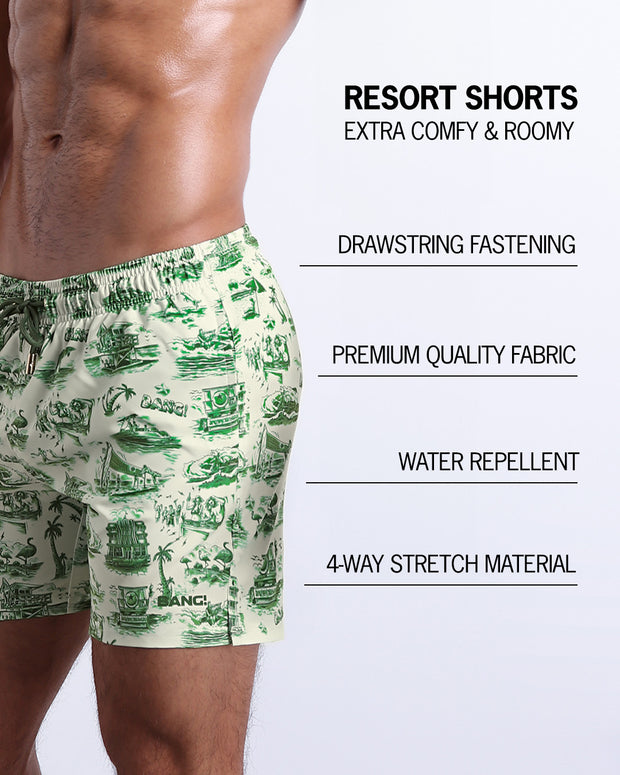 Infographic explaining how extra comfy and roomy Resort Shorts. They have drawstring fastening, quality fabric, quick-dry, water repellent, 4-way stretch material features of the resort shorts. 