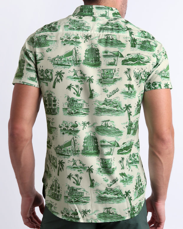 The back side of the TOILE DE MIAMI (GREEN) Stretch Shirt for men. Inspired by the iconic French Toile de Jouy print in a light tan color and green art, these shorts are designed by BANG! Clothes in Miami.
