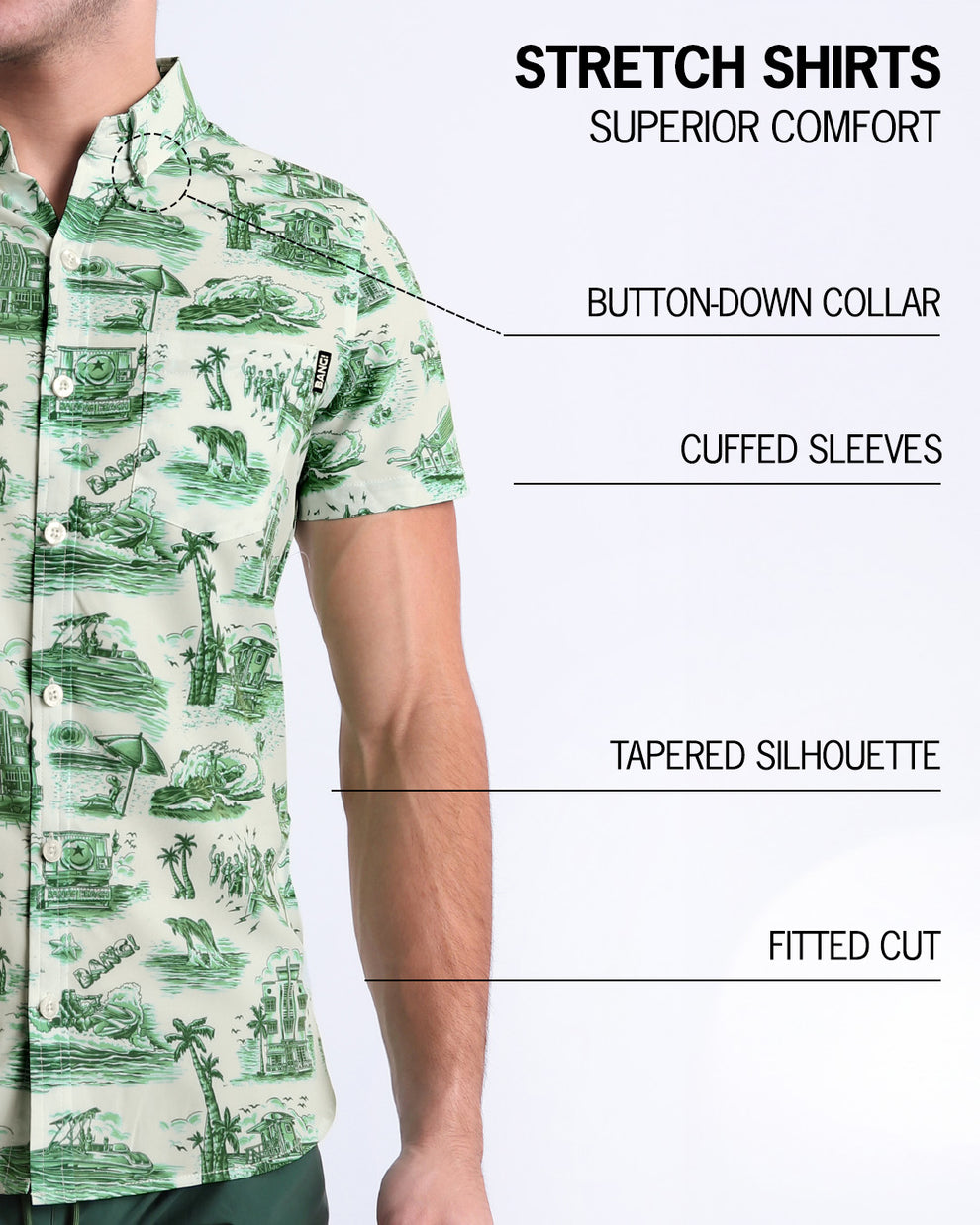 An infographic explaining the features of the men’s sleeveless Hawaiian Stretch Shirt. The shirt offers superior comfort, a fitted cut, tapered silhouette, cuffed sleeves, and a button-down collar.