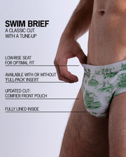 Infographic explaining the classic cut with a tune-up TOILE DE MIAMI (GREEN) Swim Brief by BANG! Clothes. These men swimsuit is low-rise seat for optimal fit, available with or without 'Full-Pack' insert, comfier front pouch, and fully lined inside.