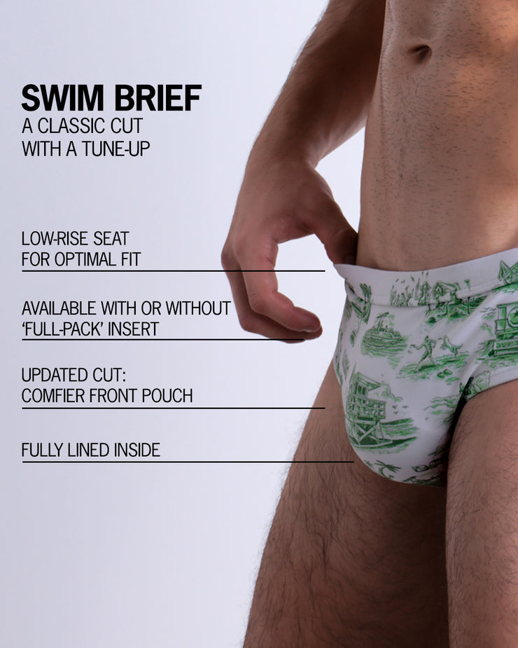 Infographic explaining the classic cut with a tune-up TOILE DE MIAMI (GREEN) Swim Brief by BANG! Clothes. These men swimsuit is low-rise seat for optimal fit, available with or without &