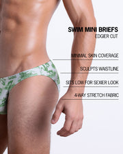 Infographic explaining the features of the TOILE DE MIAMI (GREEN) Swim Mini-Brief made by BANG! Clothes. These edgier cut mens swimsuit are minimal skin coverage, sculpts waistline, sits low for sexier look, and 4-way stretch fabric.