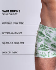 Infographic explaining the Swim Trunks swimming shorts by BANG! These Swim Trunks have a skin-hugging fit, have separate waistband construction, zippered mini pocket, square-cut form-fitting silhouette and quick-dry fabric.