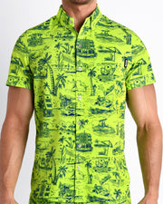  Front view of the TOILE DE MIAMI (NEON GREEN/BLUE) men’s short-sleeve hawaiian stretch shirt in black with white Toile De Jouy art by the Bang! brand of men's beachwear from Miami.