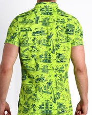 Back side of the TOILE DE MIAMI (NEON GREEN/BLUE) stretch shirt for men featuring blue Miami inspired artwork by BANG! Miami.